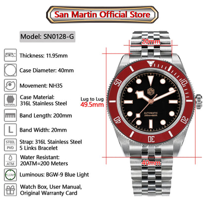 San Martin New 40mm BB Diver Watch Top Brand Classic Mens Watches NH35 Automatic Mechanical Sapphire Waterproof Reloj SN0128