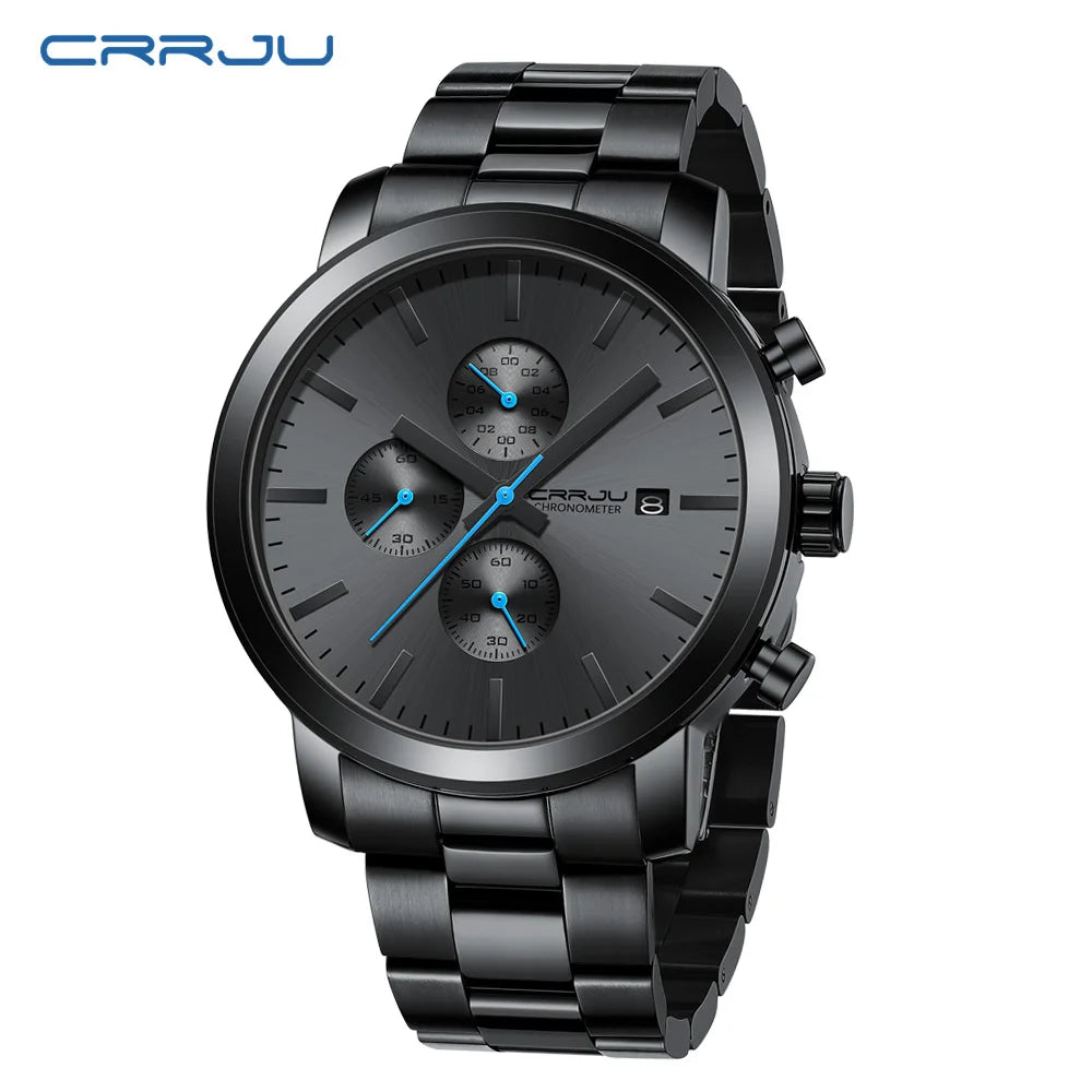 Relógio para homem CRRJU – Cronógrafo em aço inoxidável, estanque, com indicador de data, movimento analógico de quartzo, estilo elegante e profissional