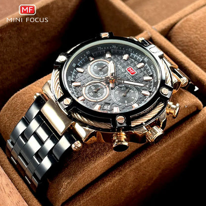 MINI FOCUS Black Stainless Steel Quartz Watch Men Fashion Luminous Dress Wristwatch with Date 24-hour Display Chronograph 0470