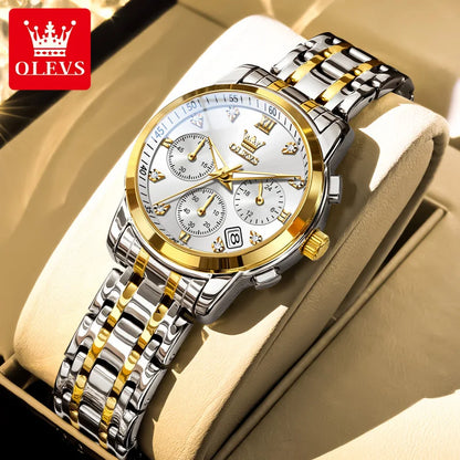 OLEVS ladies’ watch, luxury brand, quartz, water-resistant, luminous, date display, chronograph, bracelet, dress watch with diamonds.