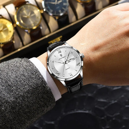 Trendy POEDAGAR men’s watch, leather strap, date and day display, luxury quartz watch, water-resistant, luminous, casual business style.