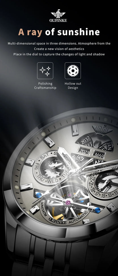 OUPINKE 3251 Watch For Men Auto Date Hollow Skeleton Luxury Automatic Mechanical Hand Clock Top Brand Waterproof Man Watches