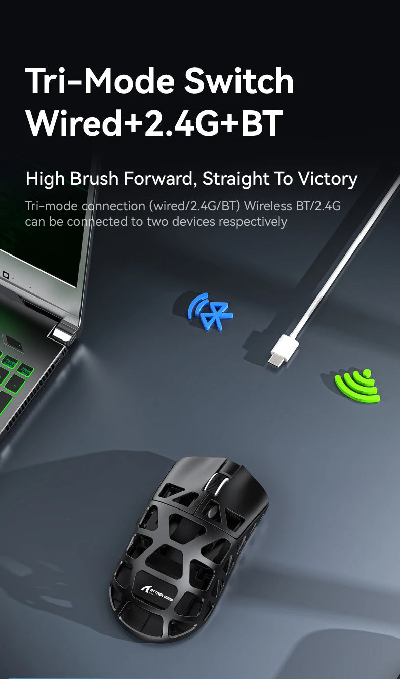 Mouse gaming ATTACK SHARK R3 din aliaj de magneziu cu design tip fagure, ultra-ușor, 8K Hz, senzor PAW3395, 26000 DPI, carcasă ergonomică