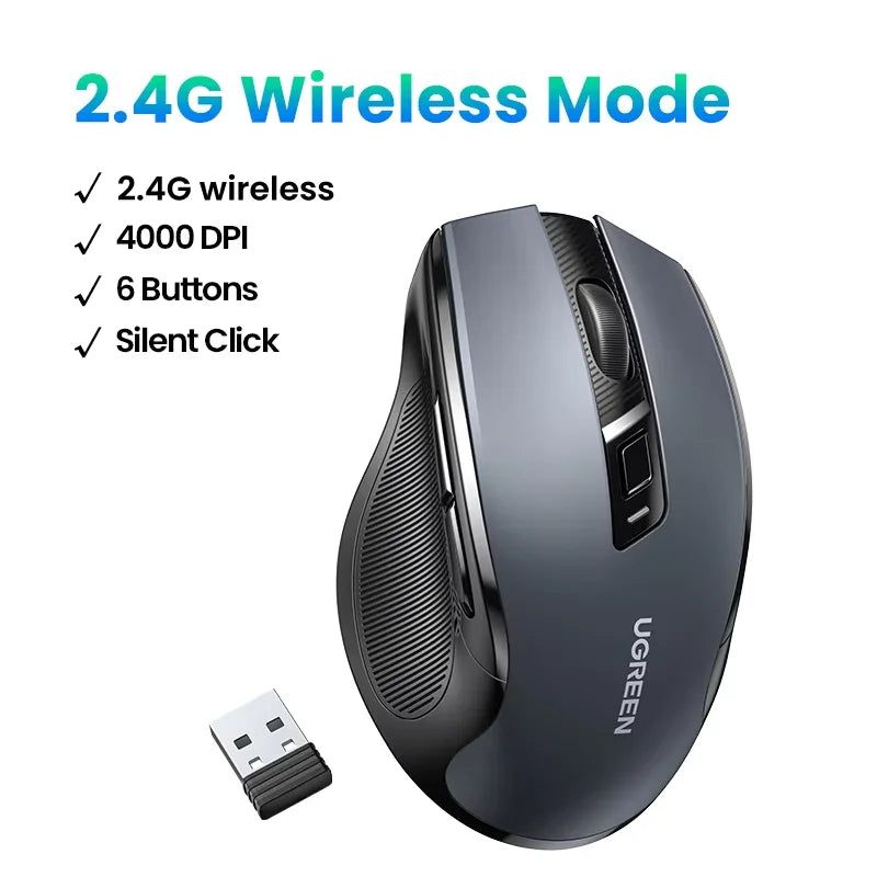 UGREEN Wireless Mouse Bluetooth 5.0 Mouse Ergonomic 4000DPI 6 Mute Buttons Mouse For MacBook Tablet Laptops Computer PC 2.4G Mice