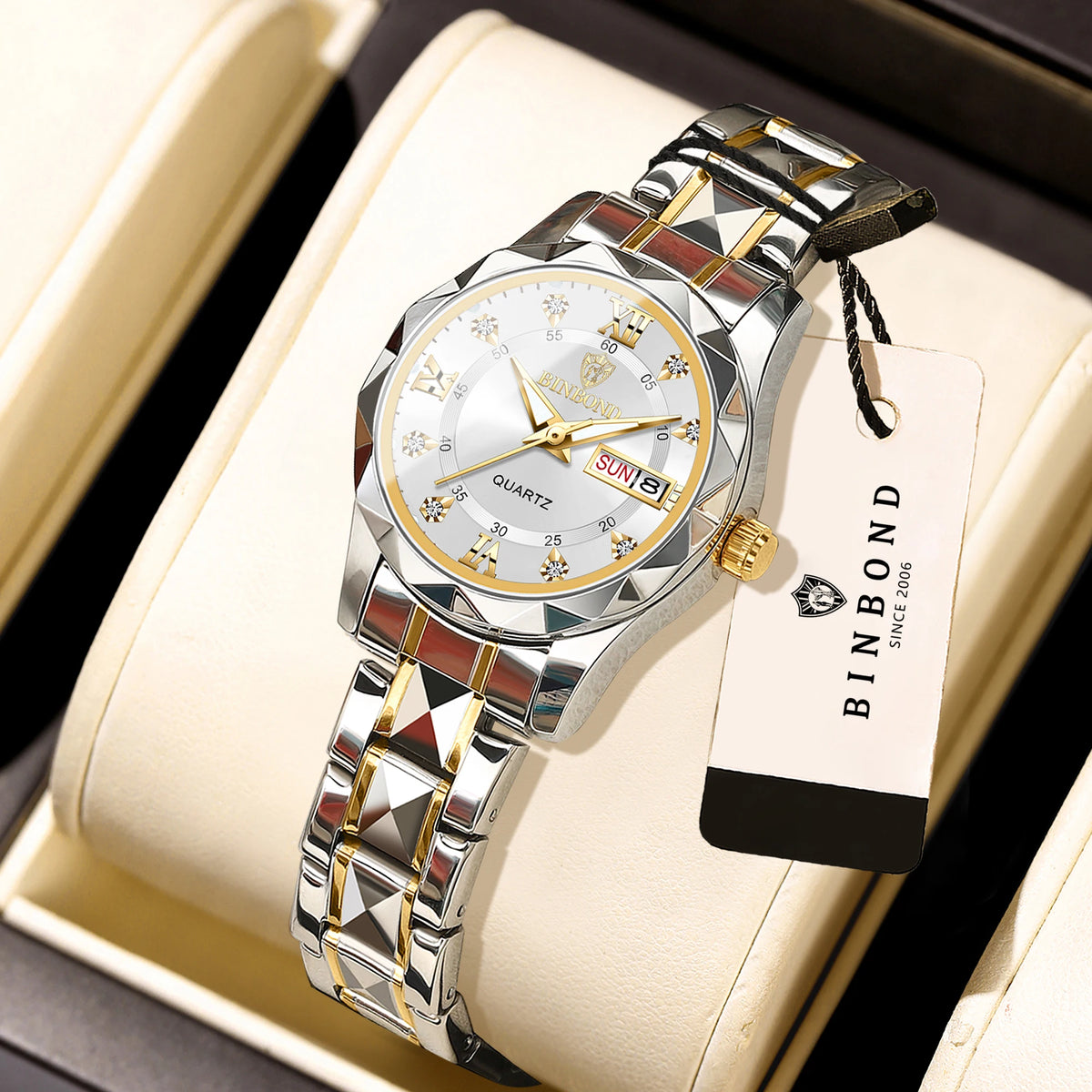BINBOND ladies’ watch: a robust, luxurious, luminescent and water-resistant quartz watch, featuring an accurate date and day-of-the-week display.
