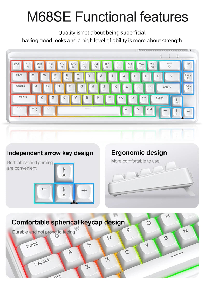 FREEWOLF M68SE Mini-Tastatur mit 68 Tasten, kabelgebunden, RGB-Hintergrundbeleuchtung, Type-C, 68-%-Layout, kompakt, für Gaming, Büro, PC und Laptop