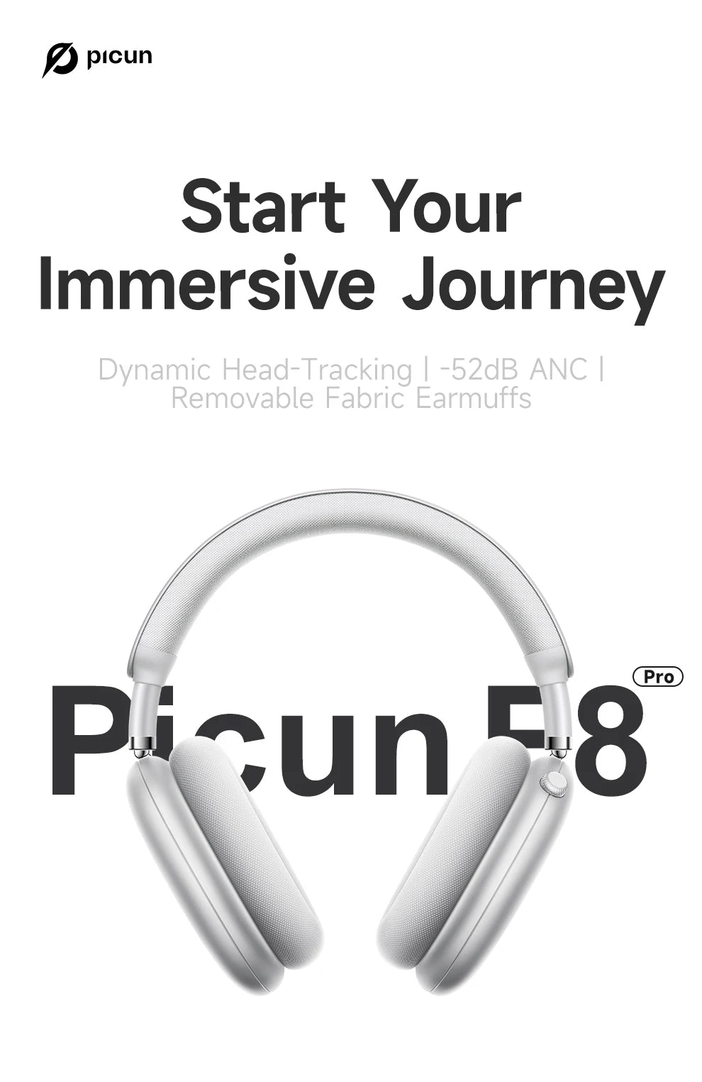 Auscultadores Sem Fios Picun F8 Pro ANC com Seguimento da Cabeça, Áudio Espacial 3D, ANC -52dB, Auscultadores Bluetooth HIFI com Microfone HD ENC, Baixa Latência e APP