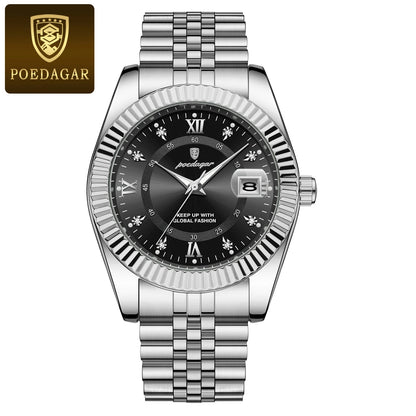 Reloj para hombre POEDAGAR: modelo de lujo, resistente al agua, de acero inoxidable, con pantalla luminiscente, estilo militar, función de fecha, mecanismo de cuarzo, ideal para el trabajo o para ocasiones profesionales.