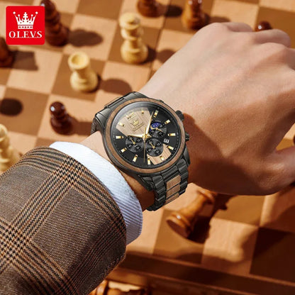 OLEVS 3645 men’s wooden watch, luxury, with night-light, multifunctional chronograph, quartz, retro style, trendy sports watch.