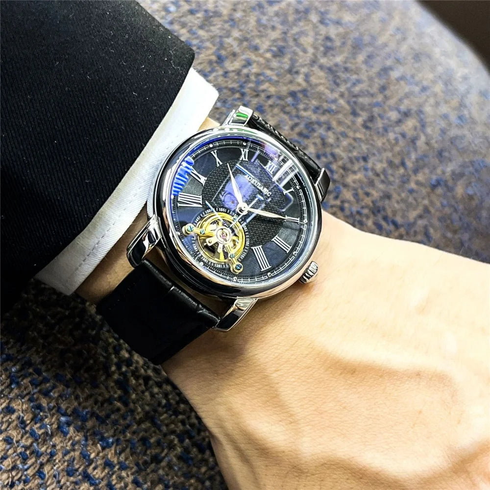 Men’s automatic mechanical watch – Elegant skeletonised design, trendy ‘business casual’ style, alloy case and leather strap, battery-free