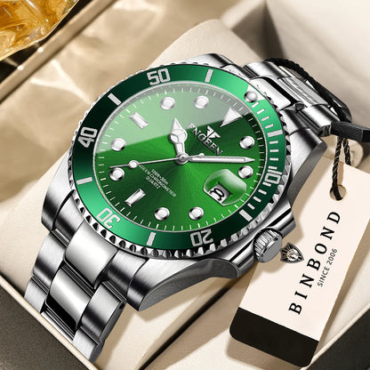 BINBOND FNGEEN Son Brand quartz wristwatch for men, with a stainless steel strap, luminous and water-resistant, luxury.