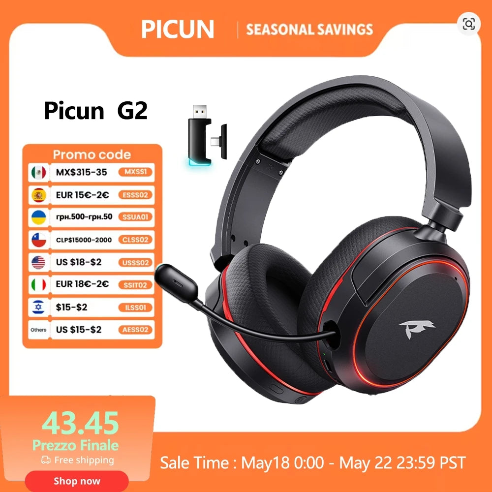 Auscultadores Gaming Sem Fios Picun G2 Bluetooth 5.3 – Som Surround 7.1, Microfone ENC, Bateria de 100H, Auscultadores de Baixa Latência para PC, PS5, PS4, Switch e Mobile
