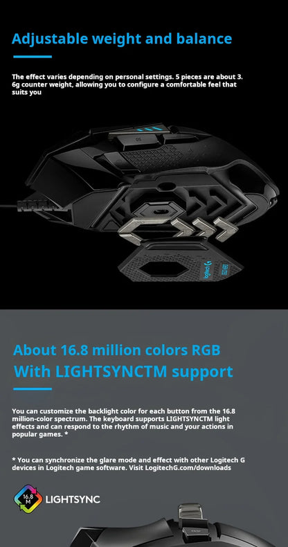 Ratón gaming con cable Logitech G502 HERO de alto rendimiento, sensor HERO 25K, 25,600 DPI, RGB, pesos ajustables, 11 botones, ratón para PC/Mac