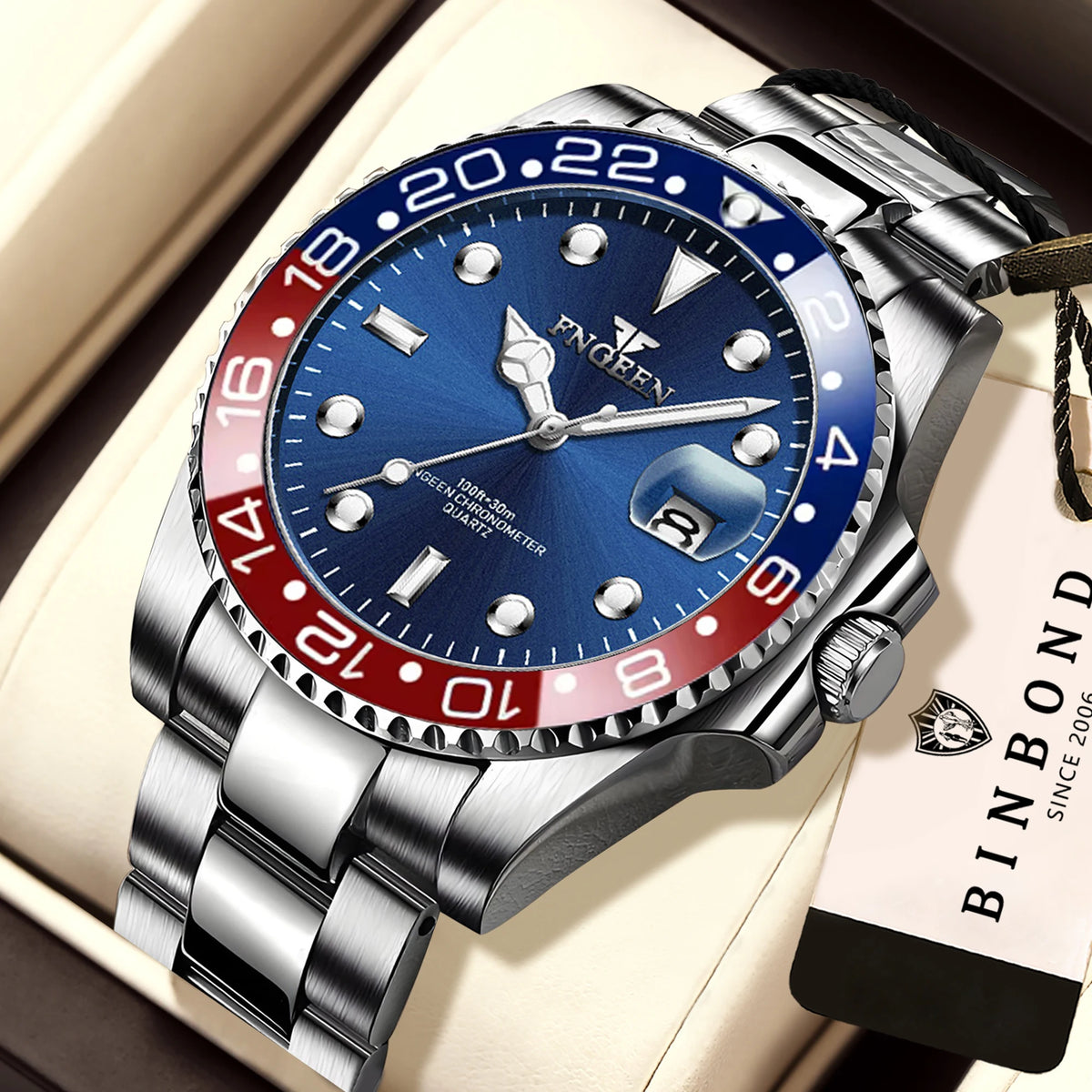 BINBOND FNGEEN Son Brand quartz wristwatch for men, with a stainless steel strap, luminous and water-resistant, luxury.