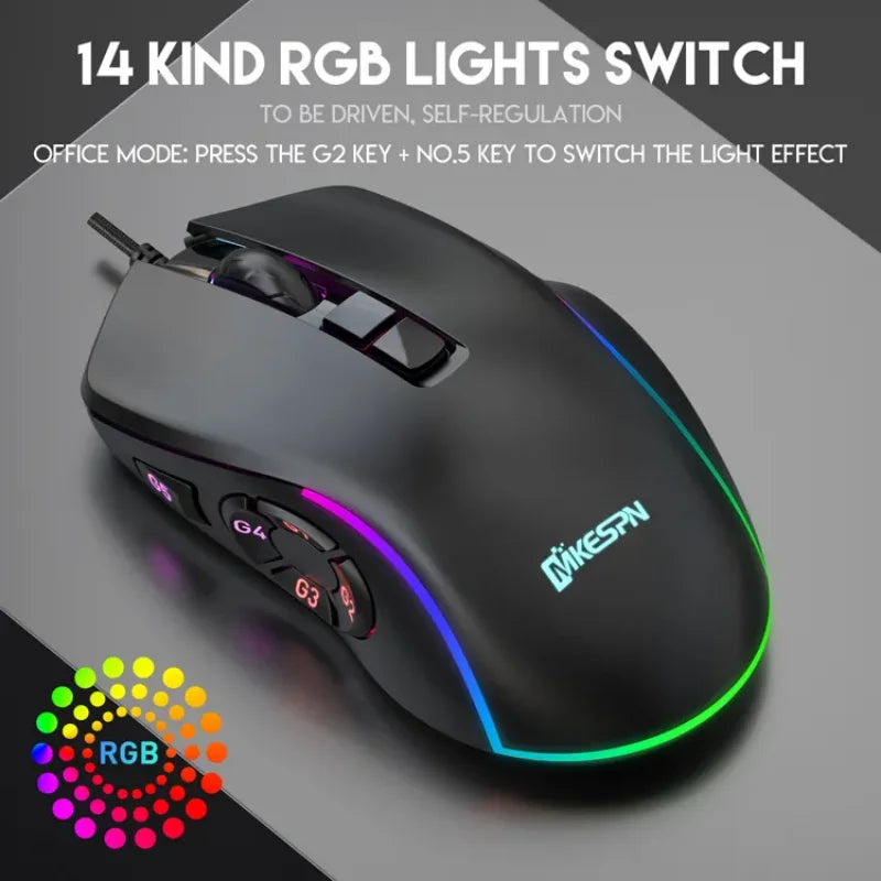 Mouse cablato da gaming e ufficio 7200 DPI con retroilluminazione RGB, 6 livelli DPI regolabili, 10 pulsanti programmabili e pulsante per tornare al desktop