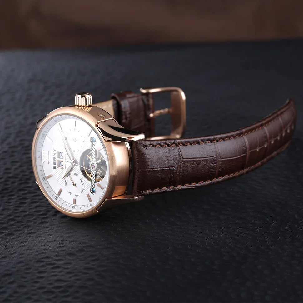 BERNY Automatic Watch for Men Auto Self-wind Mechanical Watches Date Skeleton 5ATM Luxury Male Wristwatches
