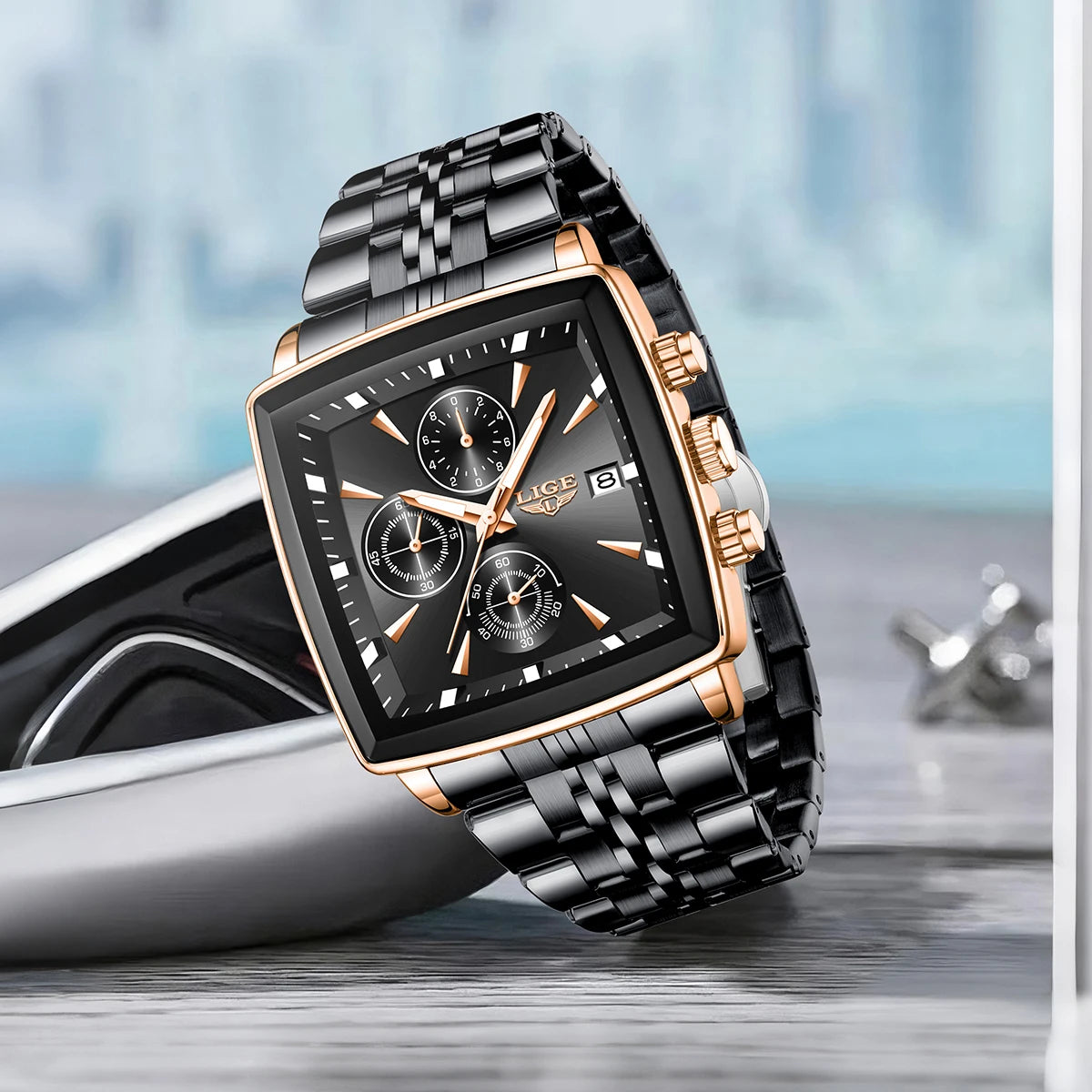 LIGE luxury men’s watches, square model, classic and trendy style, stainless steel, water-resistant, sporty and casual, with quartz movement.
