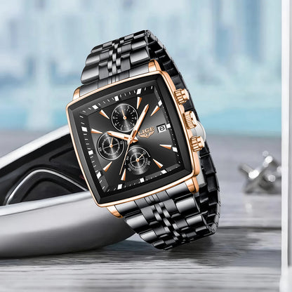LIGE luxury men’s watches, square model, classic and trendy style, stainless steel, water-resistant, sporty and casual, with quartz movement.