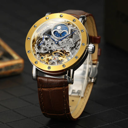 SKROX automatic mechanical wristwatch for men, skeletonised model with GMT function, moon phase and tourbillon – A high-end, elegant and original luxury watch.