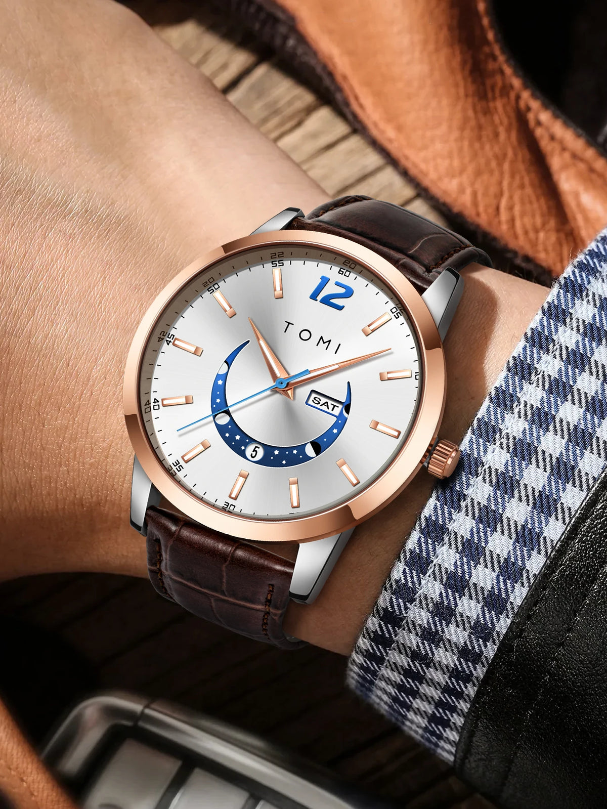 Orologio al quarzo TOMI, dallo stile elegante e professionale, con cinturino in pelle, cassa in lega e quadrante con lancette – Design di alta gamma, idea regalo per uomo