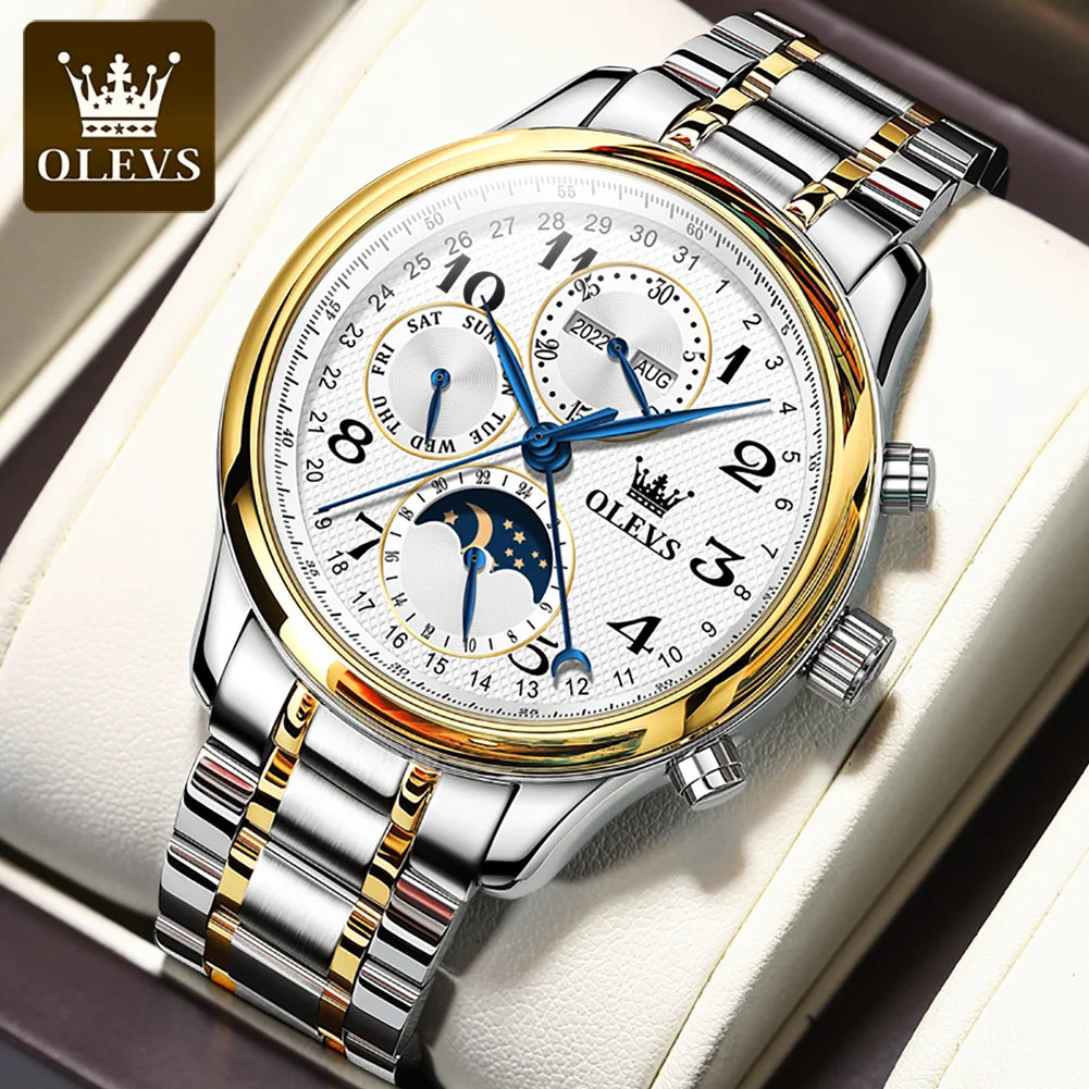Montres pour hommes OLEVS 6667 avec phase de lune, 7 aiguilles, mécanisme automatique multifonction ; montre de luxe pour homme, idéale pour un style professionnel.