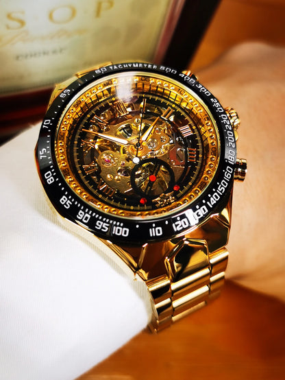 WINNER men’s automatic watch – Transparent skeletonised model, luminescent hands, stainless steel bracelet, luxury brand mechanical watch