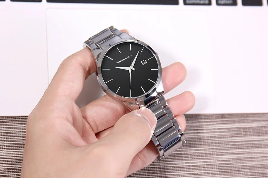 Hannah Martin férfi karóra, rozsdamentes acél tok, kvarc szerkezet, 41 mm-es számlap, üzleti stílus, naptárkijelzéssel (utánzat)