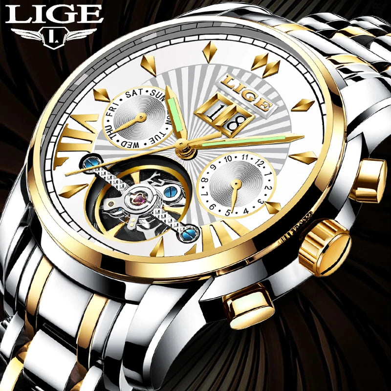 LIGE men’s automatic mechanical wristwatches – High-end luxury watch with a tourbillon, an elegant and water-resistant model, ideal for work or formal occasions.