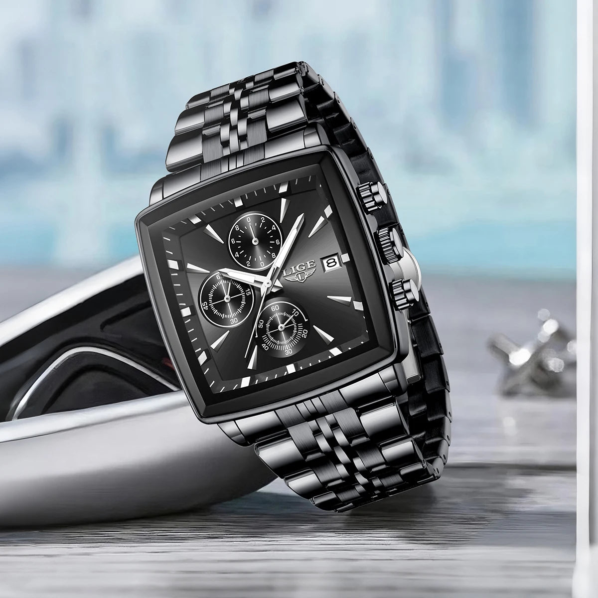 LIGE luxury men’s watches, square model, classic and trendy style, stainless steel, water-resistant, sporty and casual, with quartz movement.