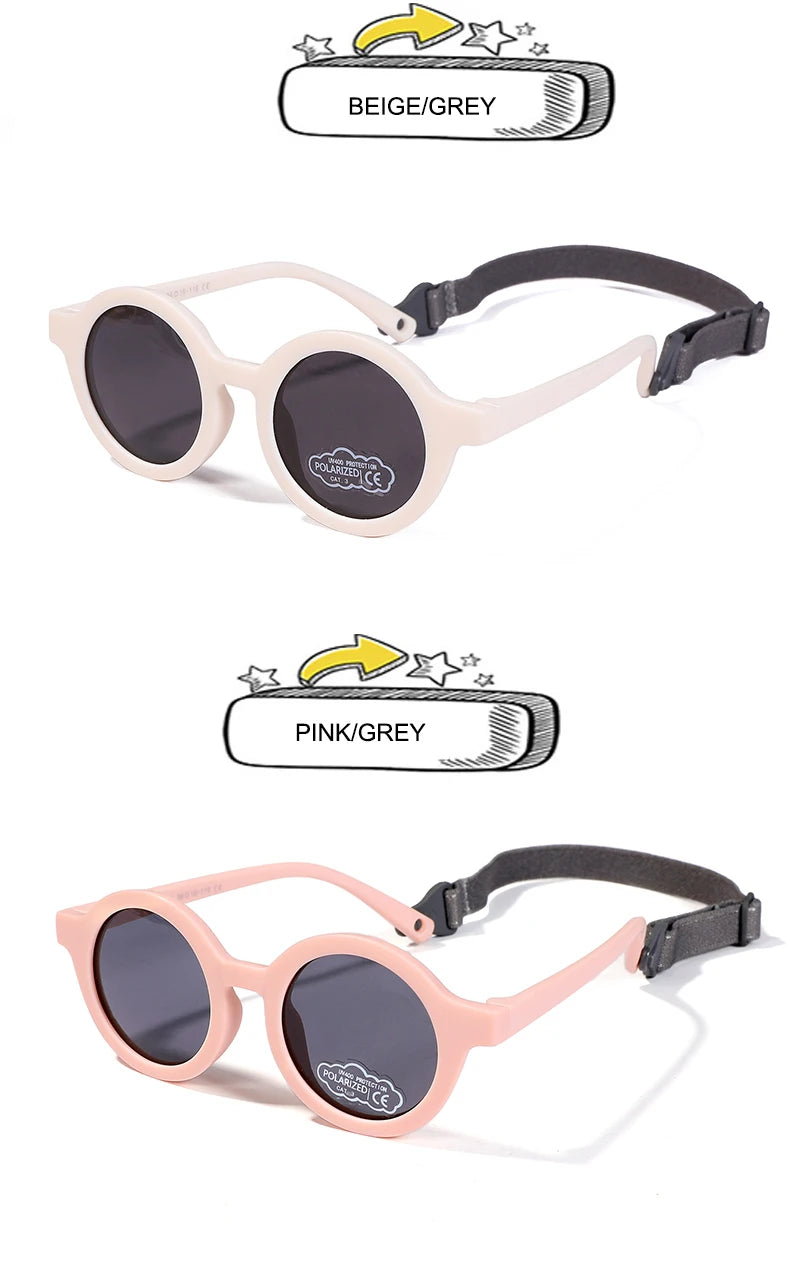 Kids Round TAC Polarized Baby Sunglasses for Toddler Boys Girls TPEE Flexible Soft Frame with Strap for Infant Age 0-3 Shades
