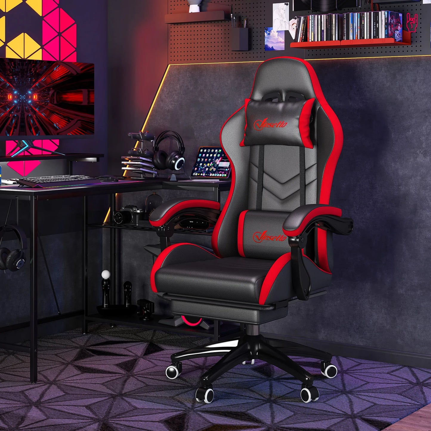 Vinsetto Ergonomic Reclining Gaming Chair 135°, PU Leather Racing Gamer Chair with Lumbar Support, Adjustable Height, Headrest and Retractable Footrest, for Office, Study, Black and Red
