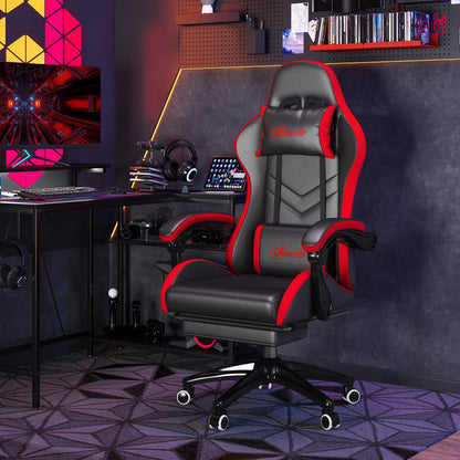 Vinsetto Ergonomic Reclining Gaming Chair 135°, PU Leather Racing Gamer Chair with Lumbar Support, Adjustable Height, Headrest and Retractable Footrest, for Office, Study, Black and Red