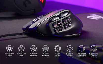 Herní myš Redragon M811 Aatrox MMO, kabelová RGB myš pro hráče s 15 programovatelnými tlačítky a ergonomickým přirozeným úchopem
