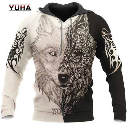 Felpa con cappuccio e felpa da uomo unisex casual autunnale New Wolf Tattoo Vegvisir nero bianco 3D con stampa integrale