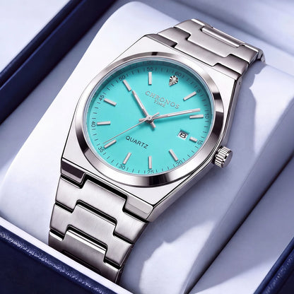 CHRONOS men’s quartz watch – Stainless steel bracelet, water-resistant, luminescent hands, date display – Ideal for work, sport or everyday wear