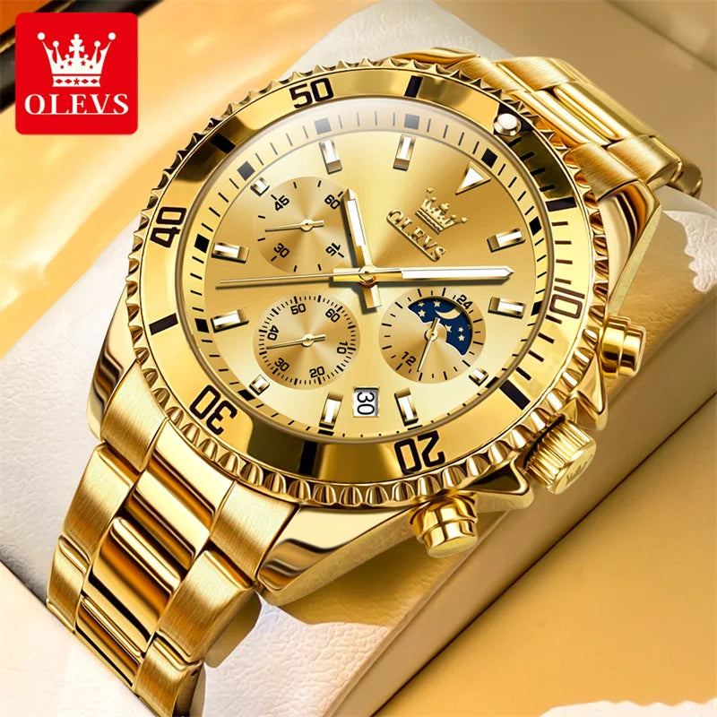 OLEVS men’s watch, luxury brand, gold-coloured military-style quartz watch, water-resistant, luminous date display, stainless steel case.