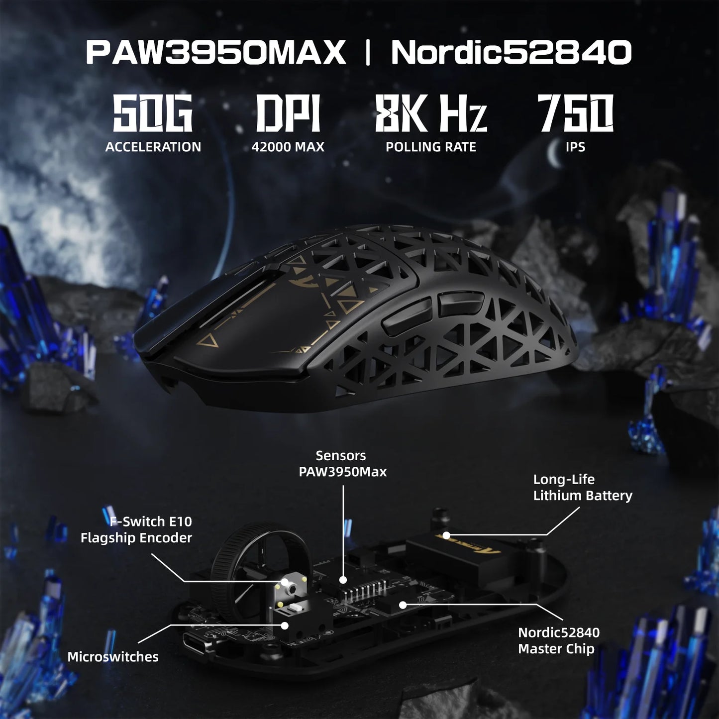 Mouse de gaming wireless ATTACK SHARK R5 Ultra 8K din fibră de carbon, cu senzor 42000 DPI-PAW3950 MAX - ultra-ușor, 39g, pentru Win/Mac