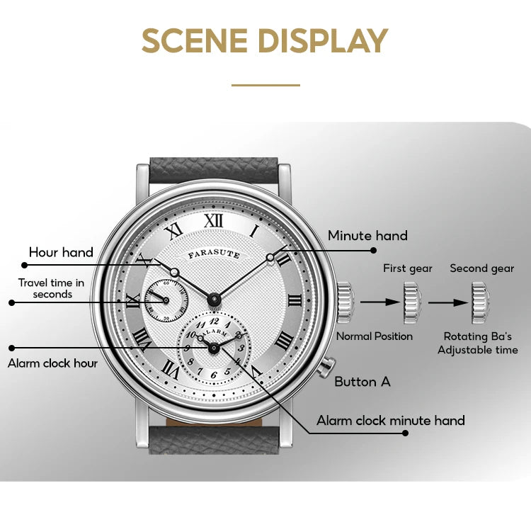 FARASUTE Retro Luxury Alarm Clock Quartz Watch Men Waterproof Night Light Wristwatch Casual Sapphire Stainless Steel Male Watch