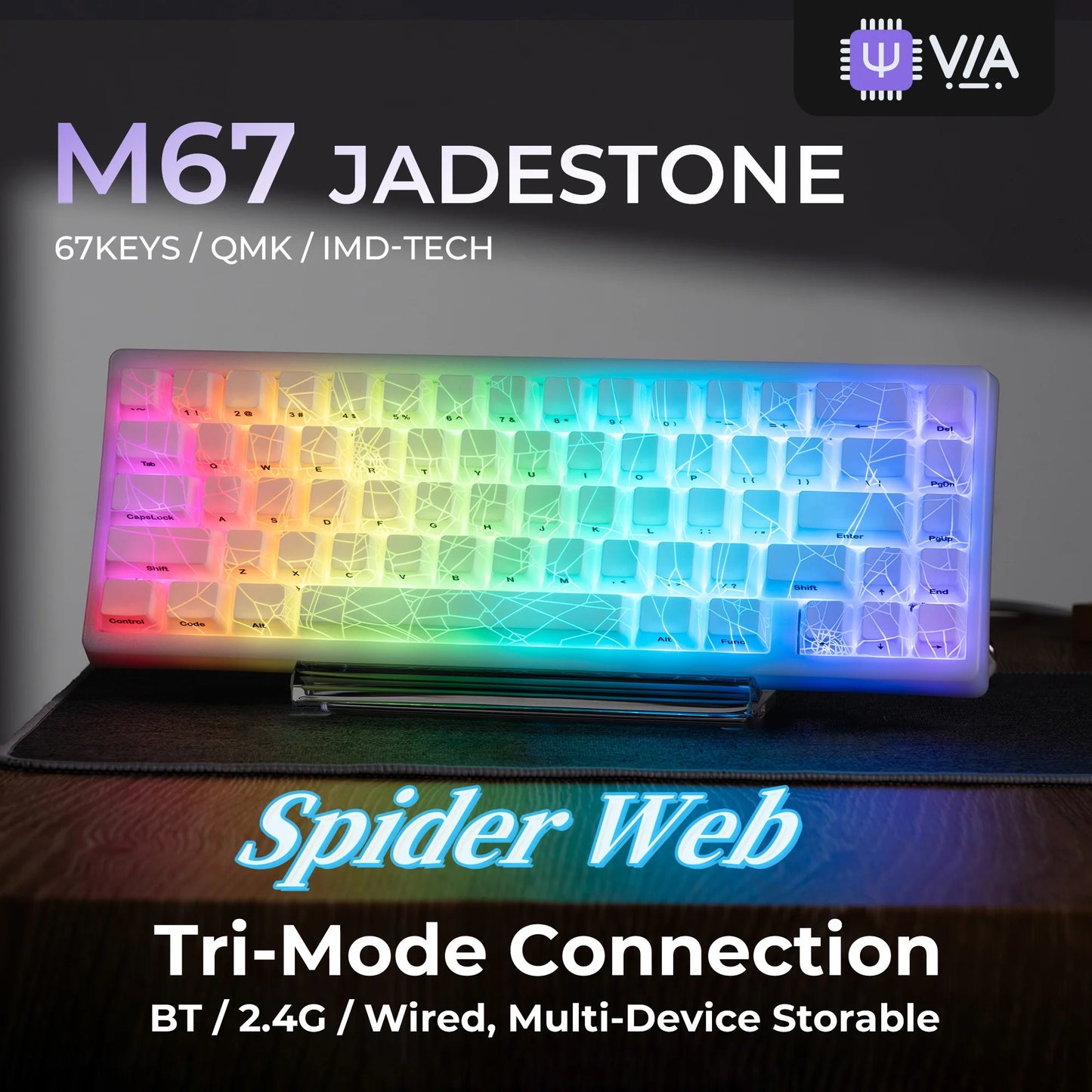 Tastiera XVX Spider Web M67 JadeStone con keycap IMD-Tech, connessione tri-mode, retroilluminazione RGB personalizzata, formato 60%