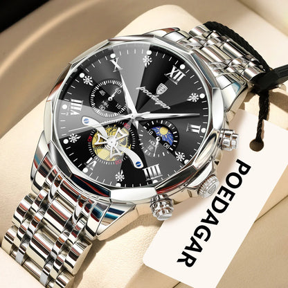 Original luxury POEDAGAR men’s watch, water-resistant, luminous chronograph, stainless steel quartz wristwatch, high-end men’s watches