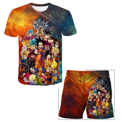 Japanisches Cartoon-Dragon-Ball-Z-T-Shirt, Kinder-Oberteil, T-Shirt- und Shorts-Zweiteiler für den Sommer, Jungen-T-Shirt + Shorts, Strandshorts
