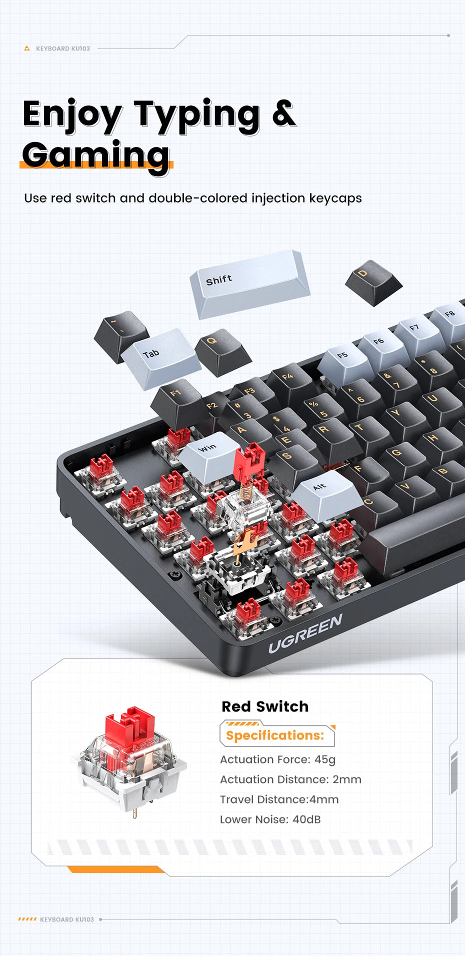 Tastiera meccanica UGREEN 108 tasti PBT, cablata, switch rossi, russo/coreano/EN, per desktop laptop Windows Mac OS Gaming