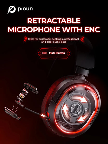 Auscultadores Gaming Sem Fios Picun G2 Bluetooth 5.3 – Som Surround 7.1, Microfone ENC, Bateria de 100H, Auscultadores de Baixa Latência para PC, PS5, PS4, Switch e Mobile