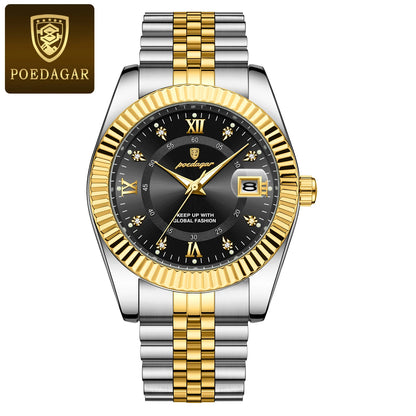 Reloj para hombre POEDAGAR: modelo de lujo, resistente al agua, de acero inoxidable, con pantalla luminiscente, estilo militar, función de fecha, mecanismo de cuarzo, ideal para el trabajo o para ocasiones profesionales.