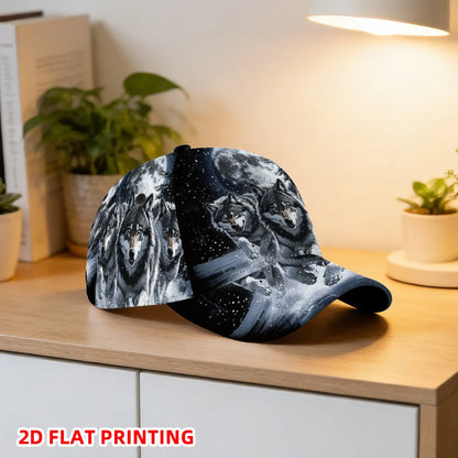 Classic Baseball Cap Featuring a 2D Flat Print of Wolves Under a Full Moon Lightweight Adjustable Duckbill Hat