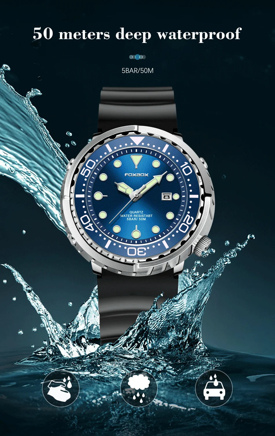 FOXBOX  Top Brand Fashion Diver Watch Men 50ATM Waterproof Date Clock Sport Watches Mens Quartz Wristwatch Relogio Masculino