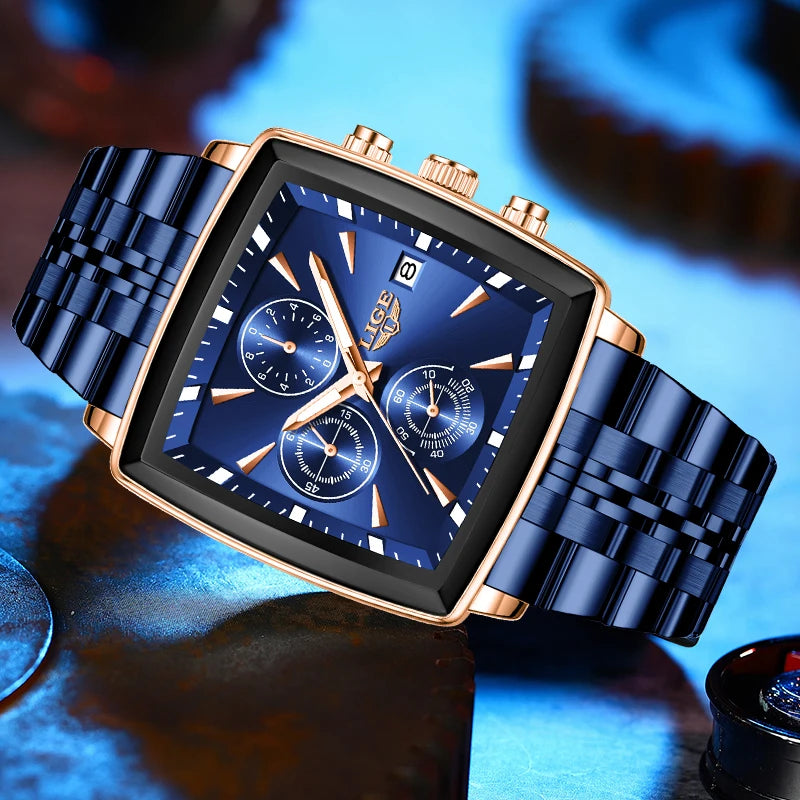 LIGE luxury men’s watches, square model, classic and trendy style, stainless steel, water-resistant, sporty and casual, with quartz movement.