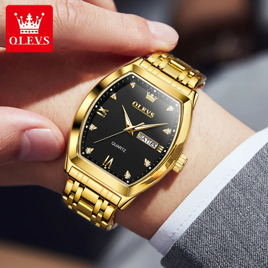 OLEVS men’s watch, a luxury tonneau-shaped model, a leading brand quartz watch, water-resistant, with day and date display, and luminescent hands.