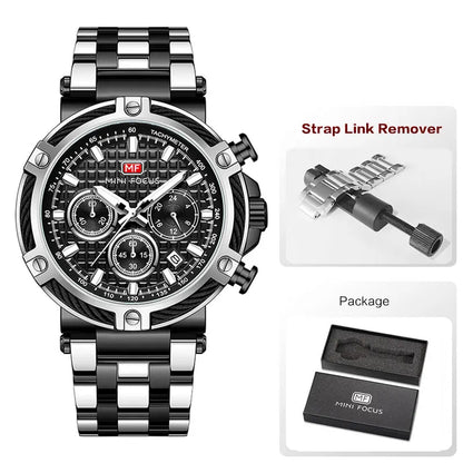 MINI FOCUS Black Stainless Steel Quartz Watch Men Fashion Luminous Dress Wristwatch with Date 24-hour Display Chronograph 0470