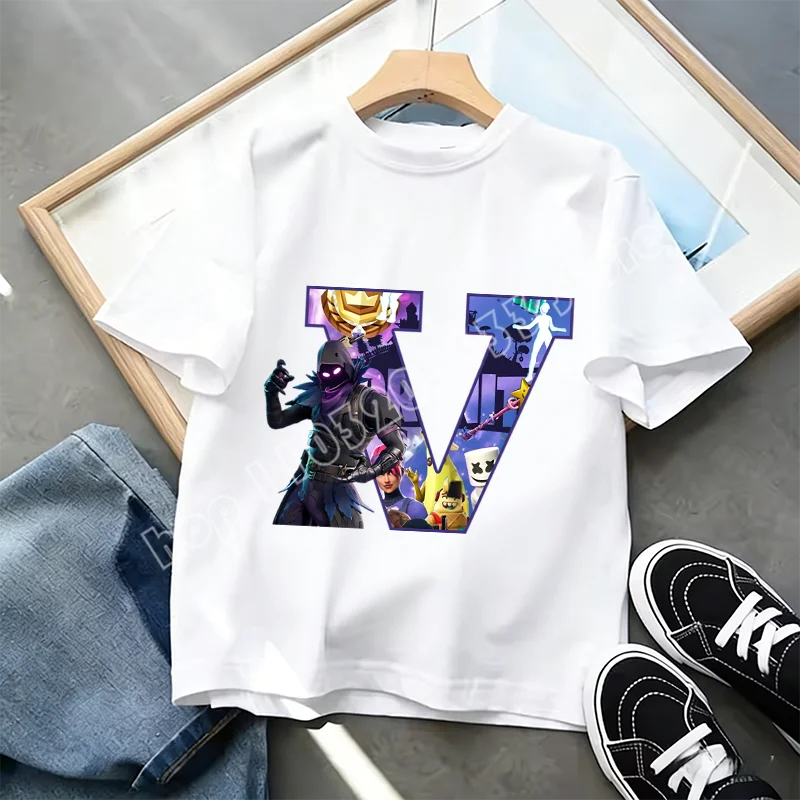 Fortnite A-Z Alphabet Print T-Shirt Summer Kids White Clothing Popular Cartoon Game T-Shirt Fashion Casual Short Sleeve Top Gift